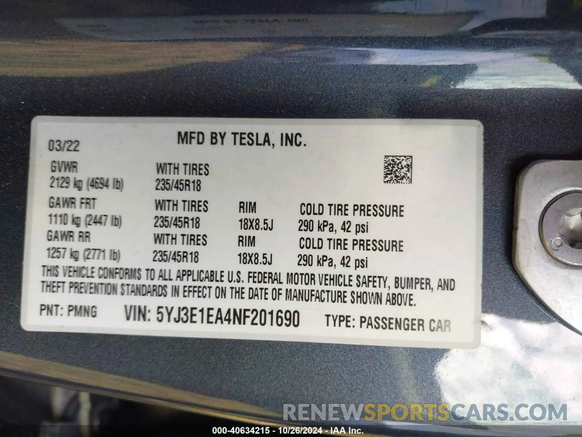 9 fotografías del automóvil dañado 5YJ3E1EA4NF201690 TESLA MODEL 3 2022