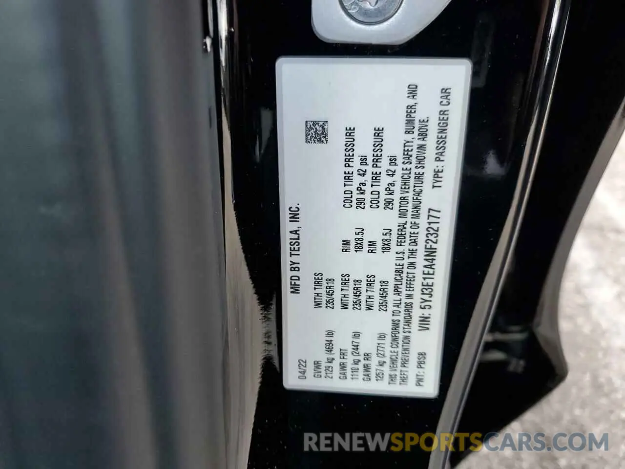 10 fotografías del automóvil dañado 5YJ3E1EA4NF232177 TESLA MODEL 3 2022