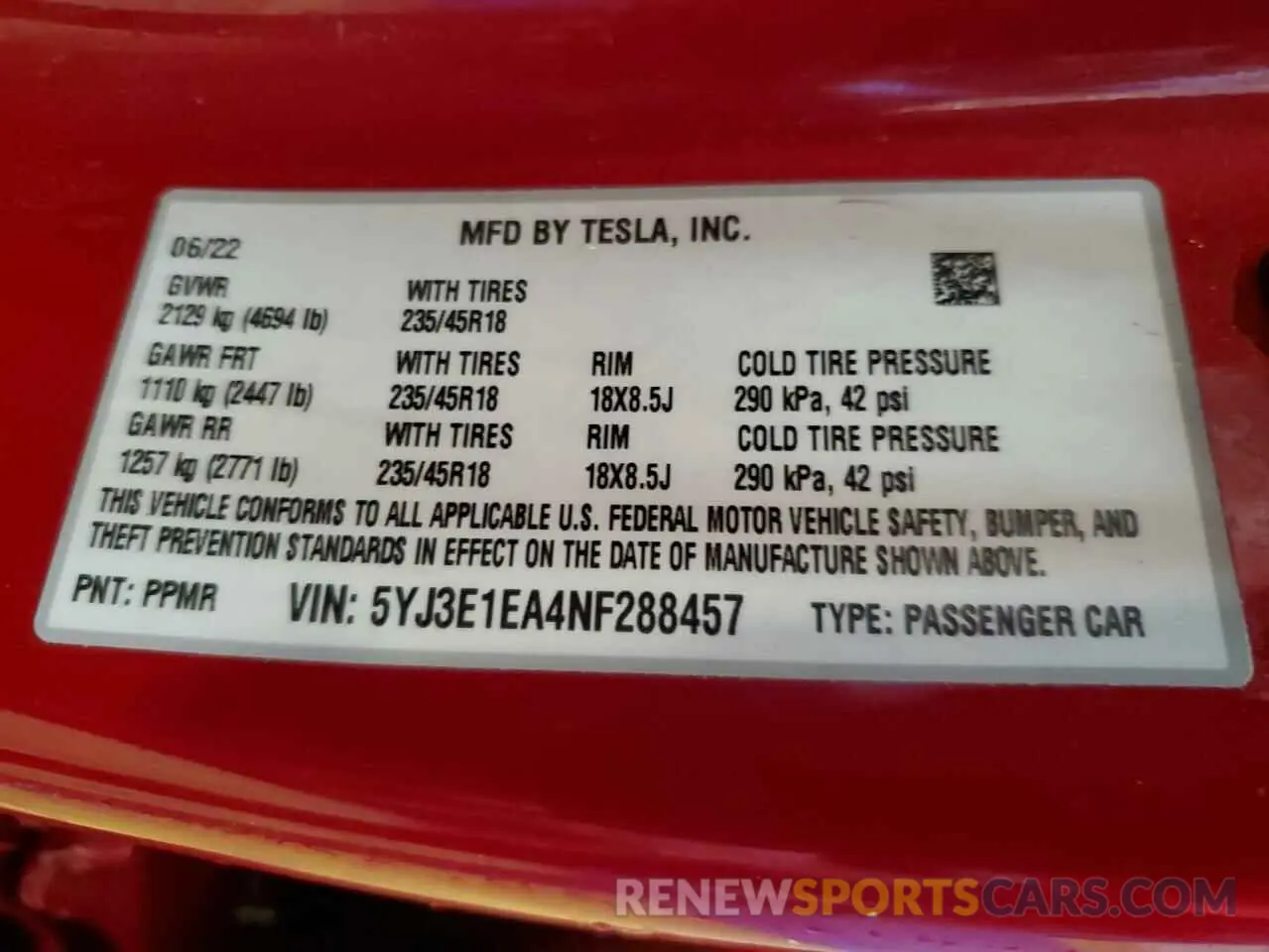 13 fotografías del automóvil dañado 5YJ3E1EA4NF288457 TESLA MODEL 3 2022