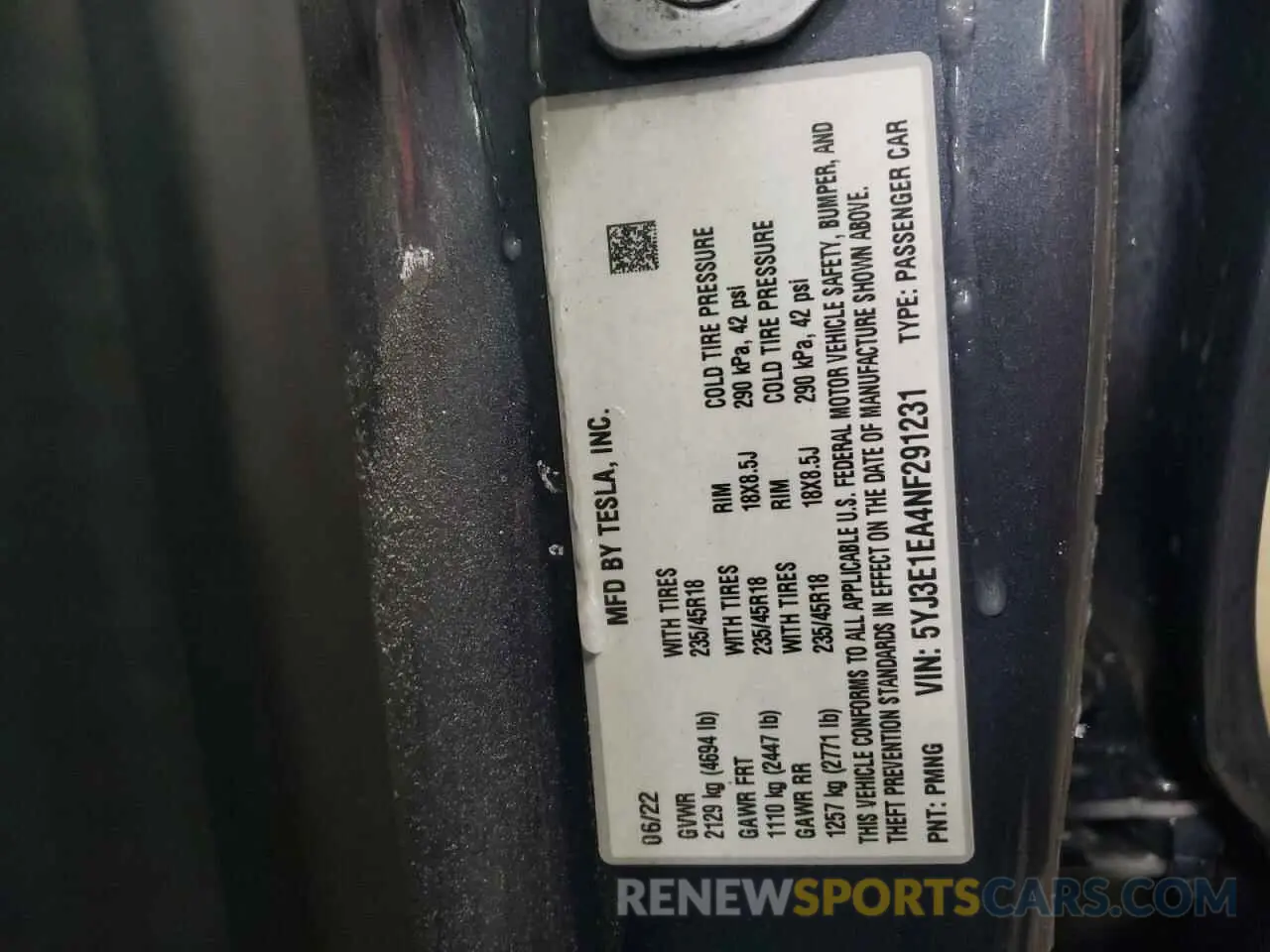 12 fotografías del automóvil dañado 5YJ3E1EA4NF291231 TESLA MODEL 3 2022