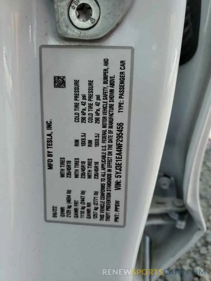 13 fotografías del automóvil dañado 5YJ3E1EA4NF295456 TESLA MODEL 3 2022
