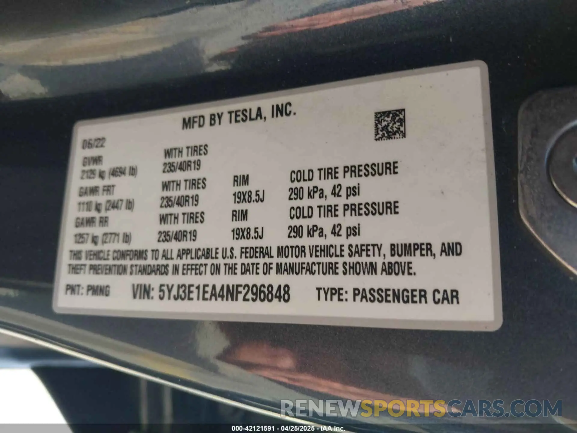 9 fotografías del automóvil dañado 5YJ3E1EA4NF296848 TESLA MODEL 3 2022
