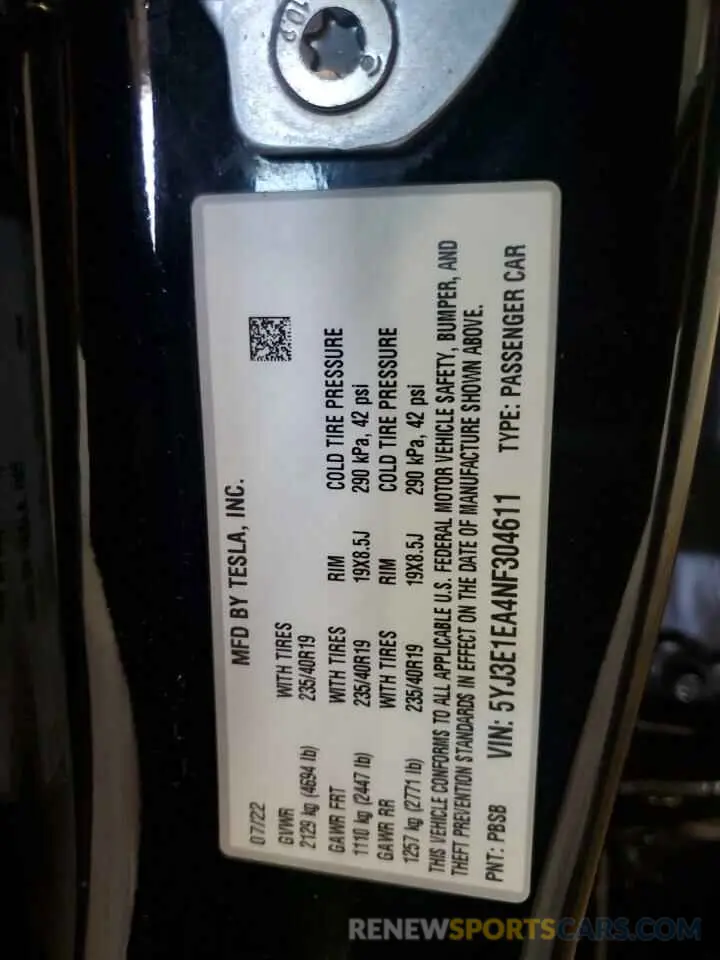 12 fotografías del automóvil dañado 5YJ3E1EA4NF304611 TESLA MODEL 3 2022