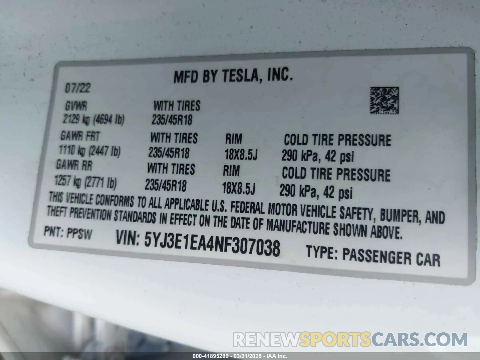 9 fotografías del automóvil dañado 5YJ3E1EA4NF307038 TESLA MODEL 3 2022