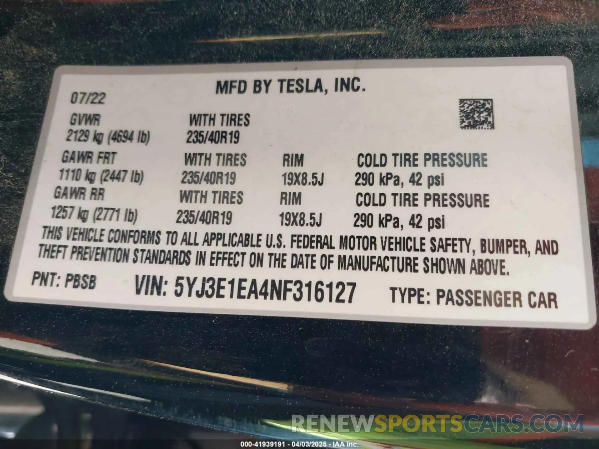 9 fotografías del automóvil dañado 5YJ3E1EA4NF316127 TESLA MODEL 3 2022
