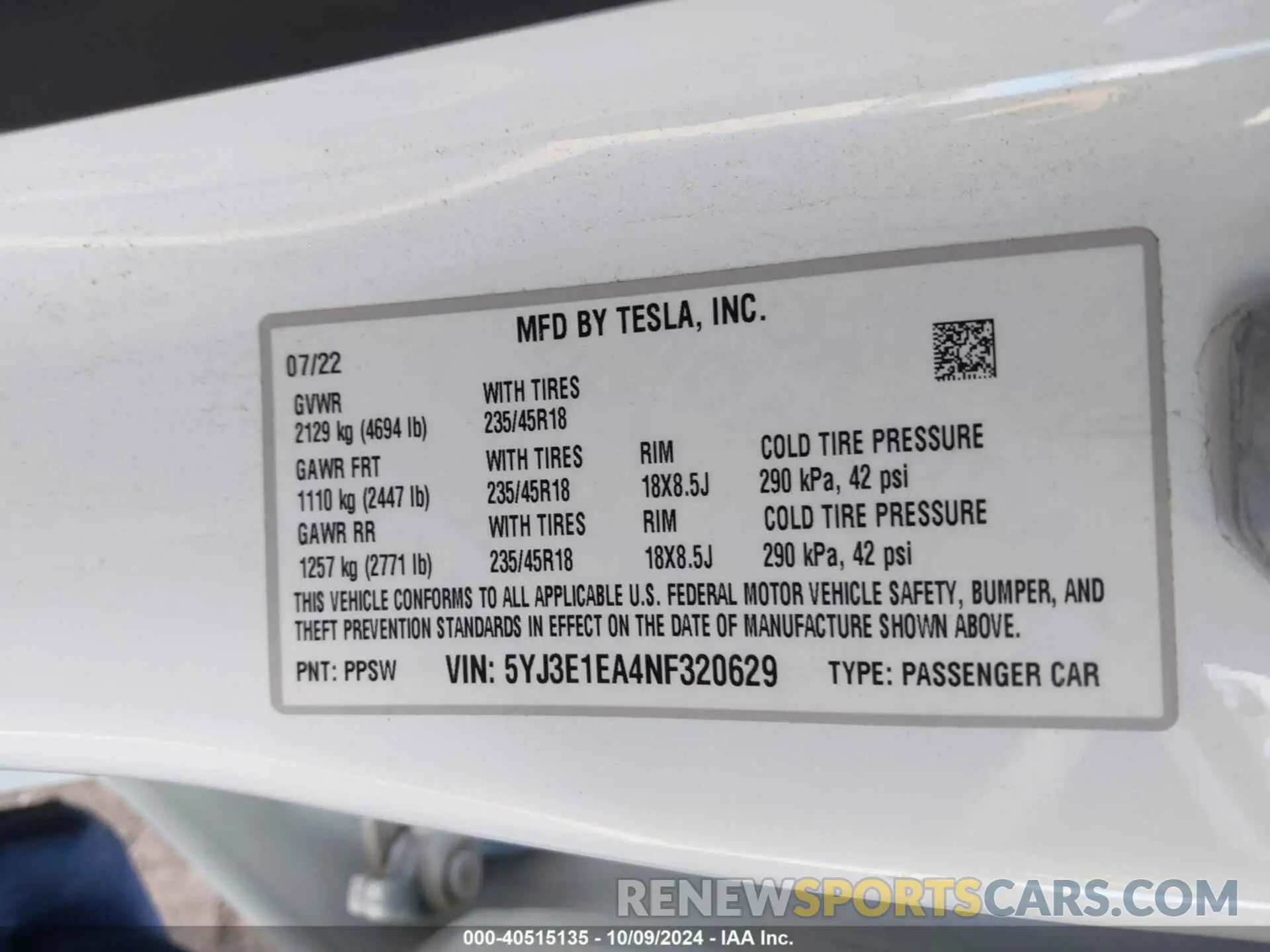 9 fotografías del automóvil dañado 5YJ3E1EA4NF320629 TESLA MODEL 3 2022