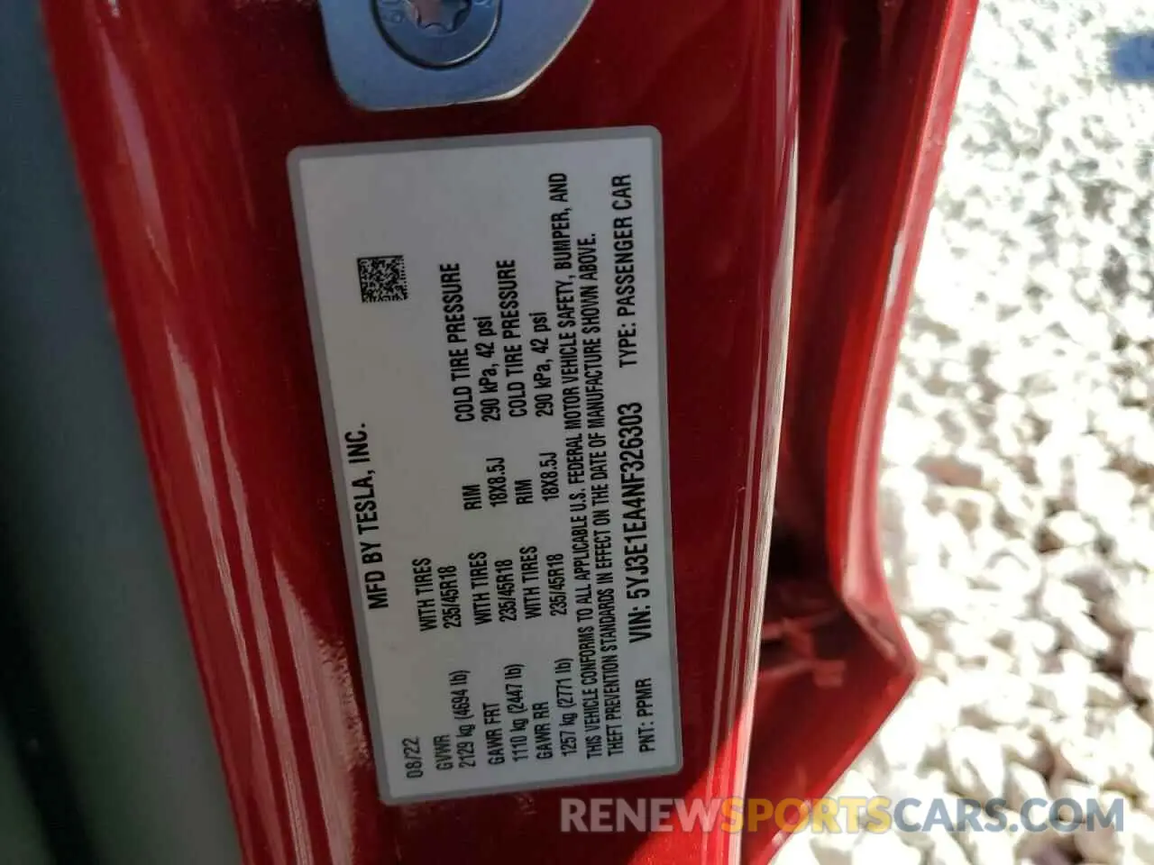 15 fotografías del automóvil dañado 5YJ3E1EA4NF326303 TESLA MODEL 3 2022