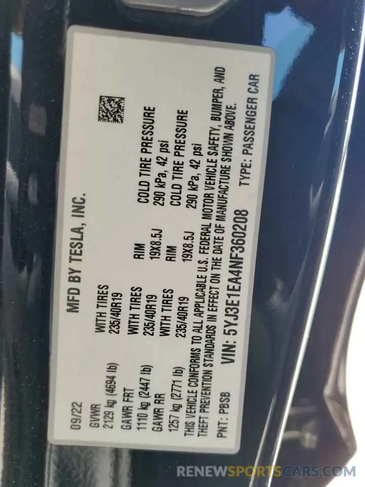 13 fotografías del automóvil dañado 5YJ3E1EA4NF360208 TESLA MODEL 3 2022