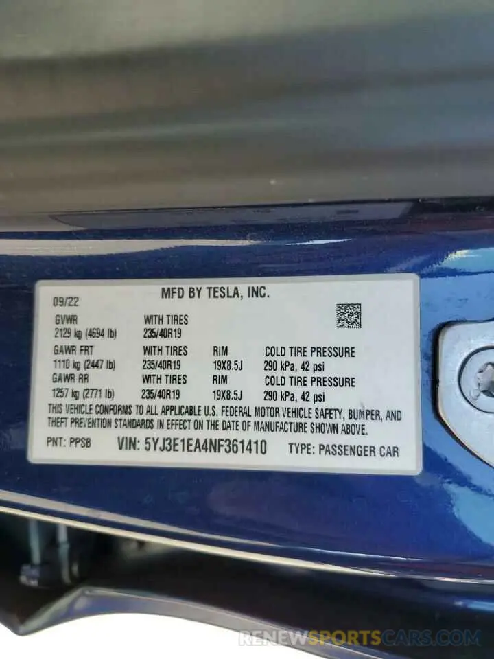 13 fotografías del automóvil dañado 5YJ3E1EA4NF361410 TESLA MODEL 3 2022