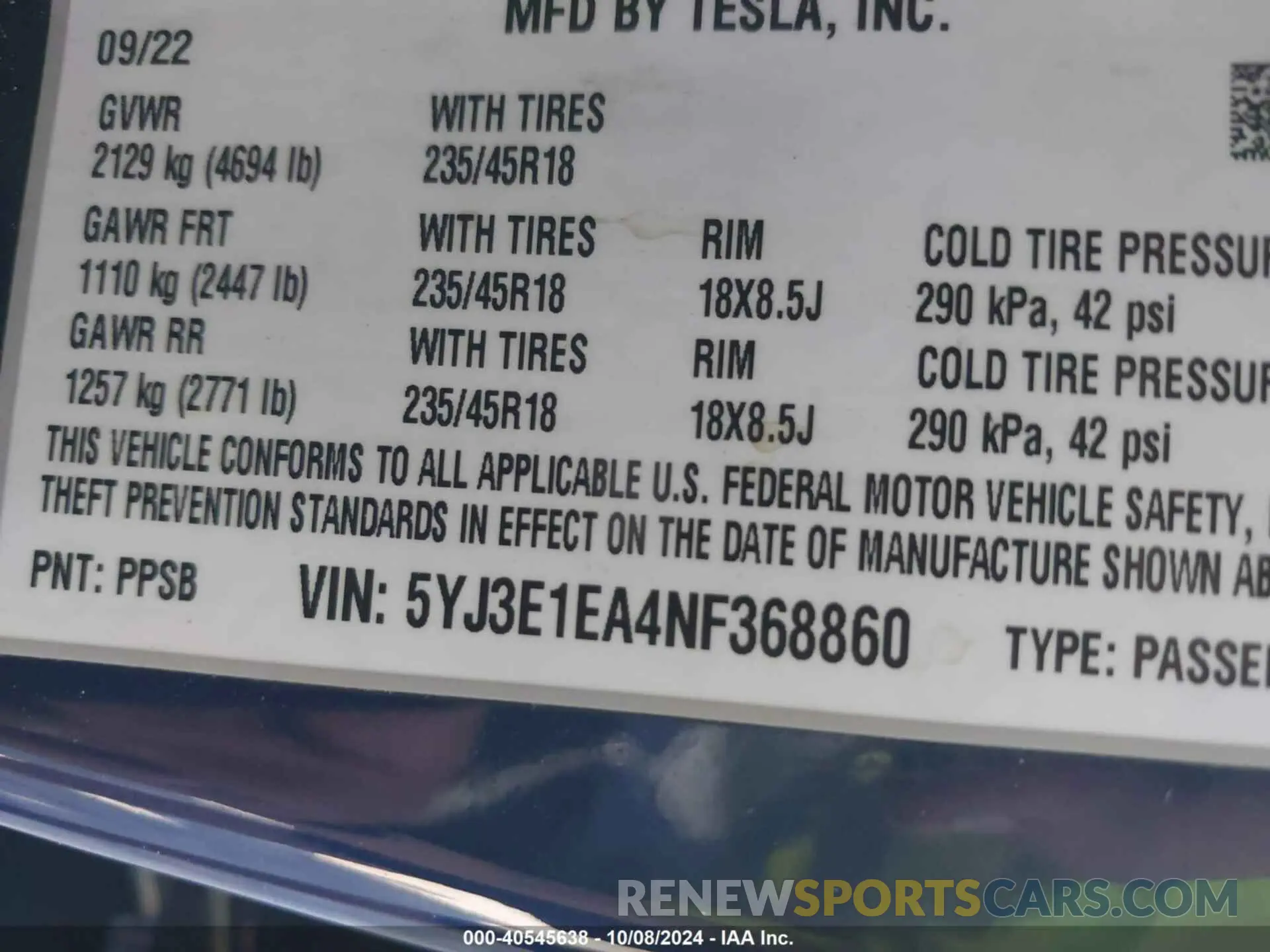 9 fotografías del automóvil dañado 5YJ3E1EA4NF368860 TESLA MODEL 3 2022