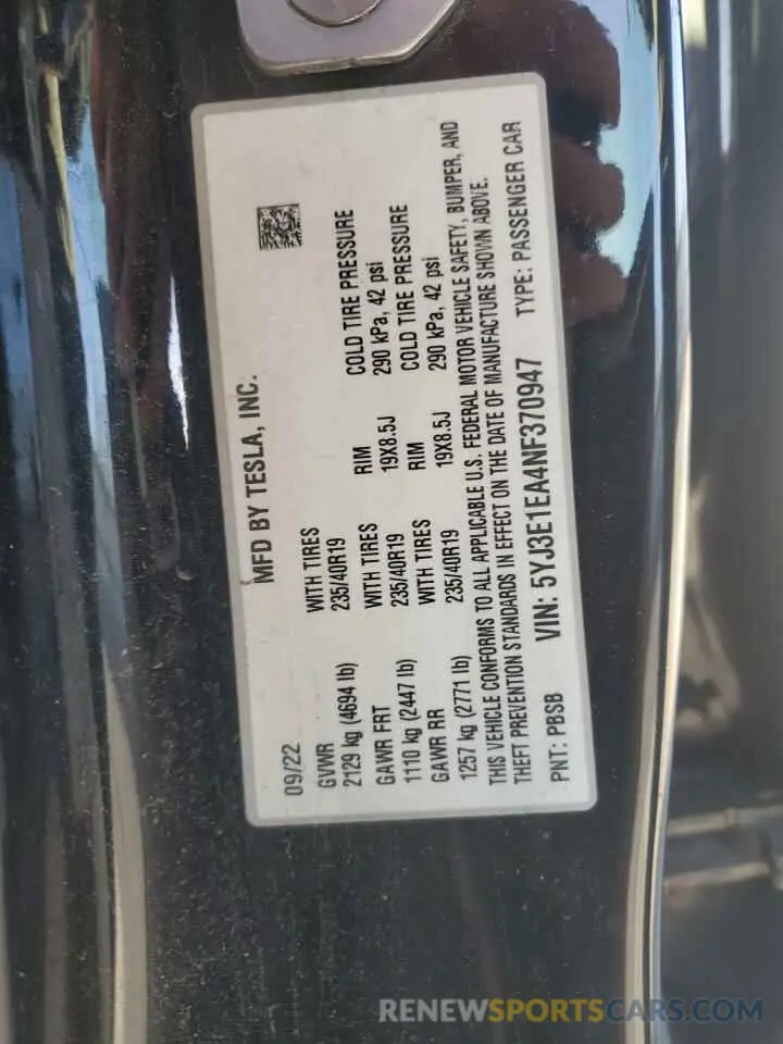 12 fotografías del automóvil dañado 5YJ3E1EA4NF370947 TESLA MODEL 3 2022
