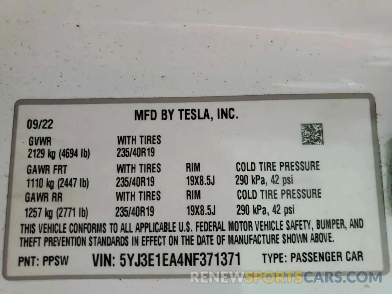 12 fotografías del automóvil dañado 5YJ3E1EA4NF371371 TESLA MODEL 3 2022