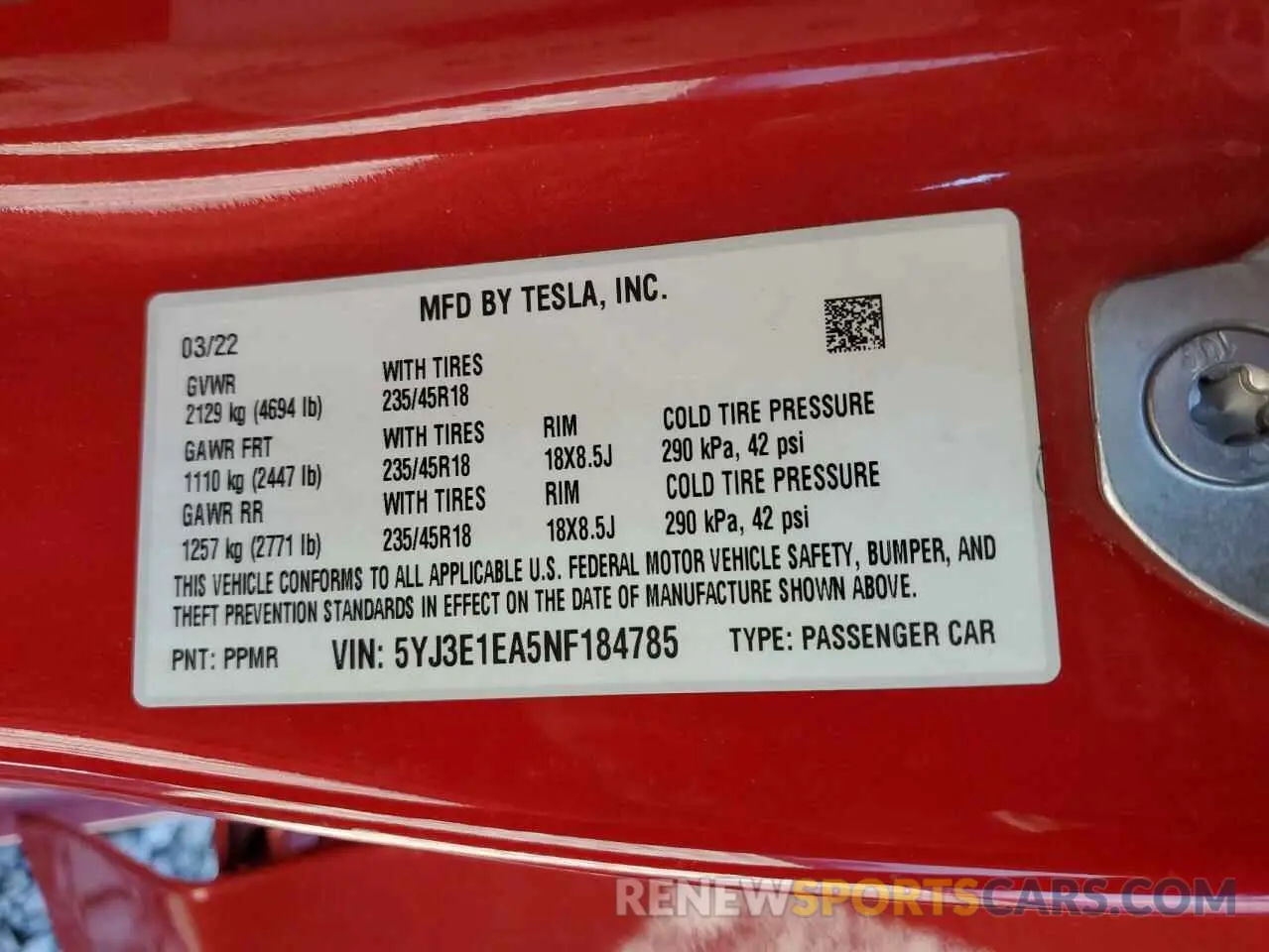 13 fotografías del automóvil dañado 5YJ3E1EA5NF184785 TESLA MODEL 3 2022