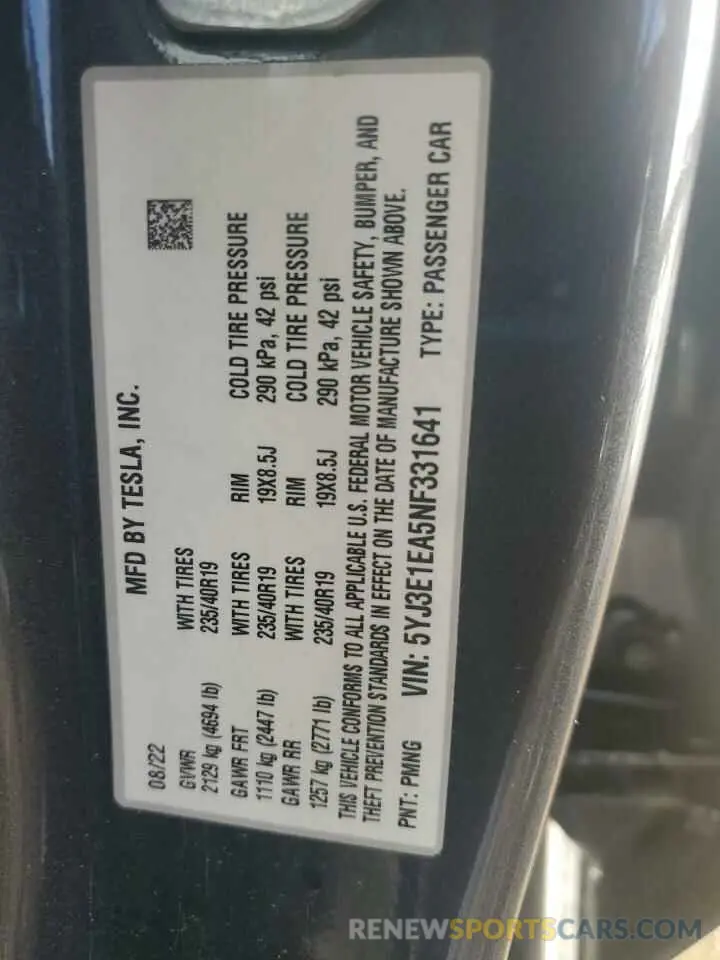12 fotografías del automóvil dañado 5YJ3E1EA5NF331641 TESLA MODEL 3 2022