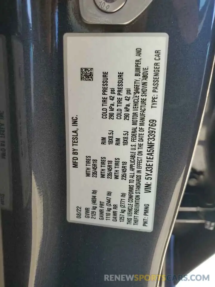 12 fotografías del automóvil dañado 5YJ3E1EA5NF339769 TESLA MODEL 3 2022