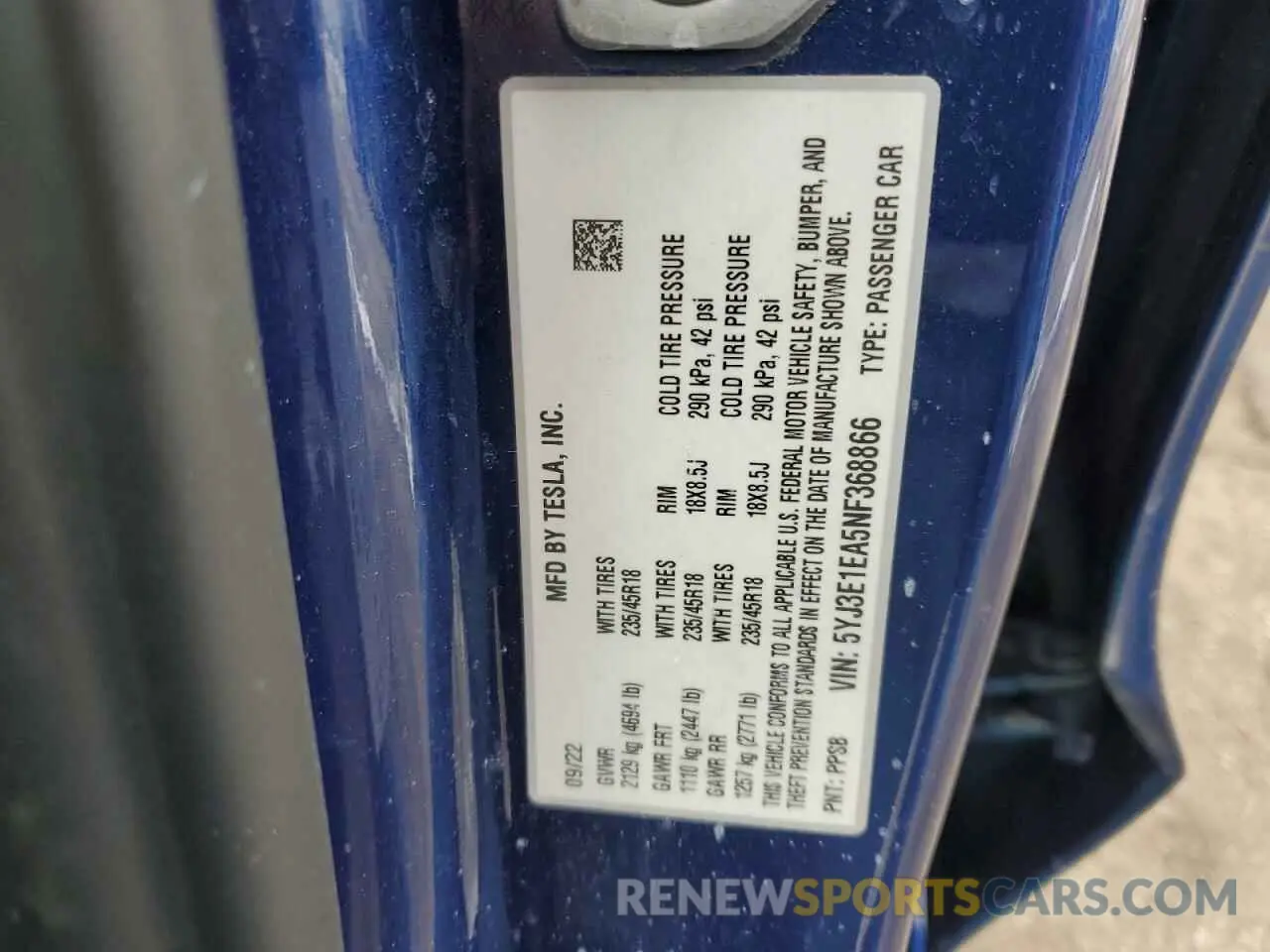 12 fotografías del automóvil dañado 5YJ3E1EA5NF368866 TESLA MODEL 3 2022