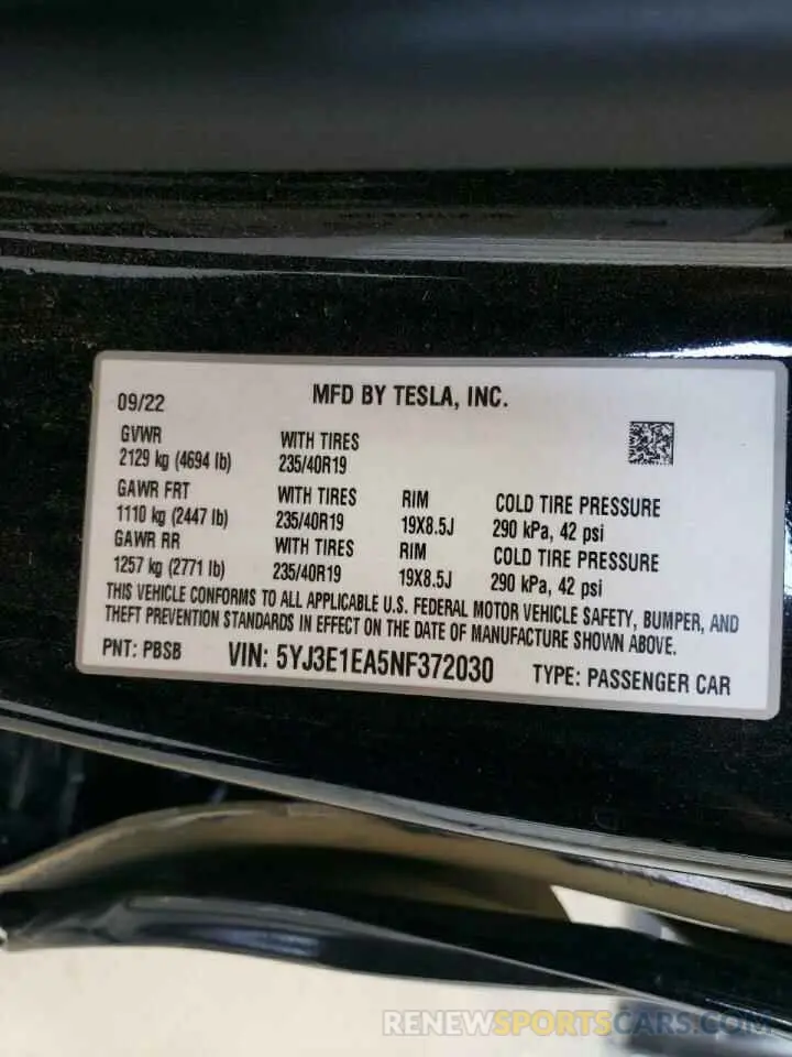13 fotografías del automóvil dañado 5YJ3E1EA5NF372030 TESLA MODEL 3 2022