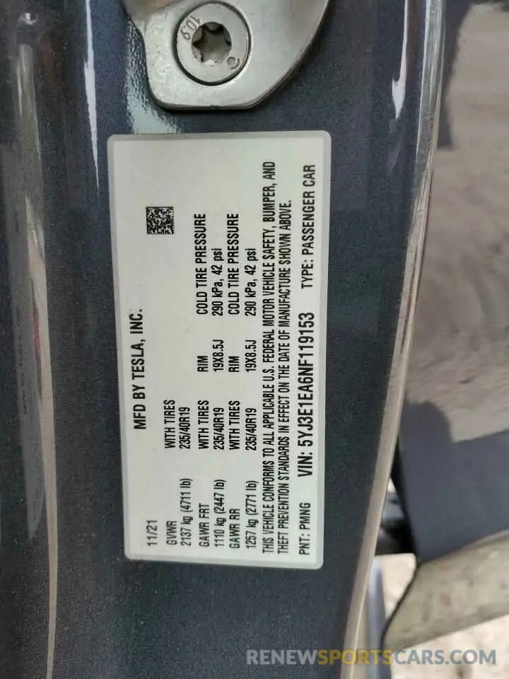 12 fotografías del automóvil dañado 5YJ3E1EA6NF119153 TESLA MODEL 3 2022