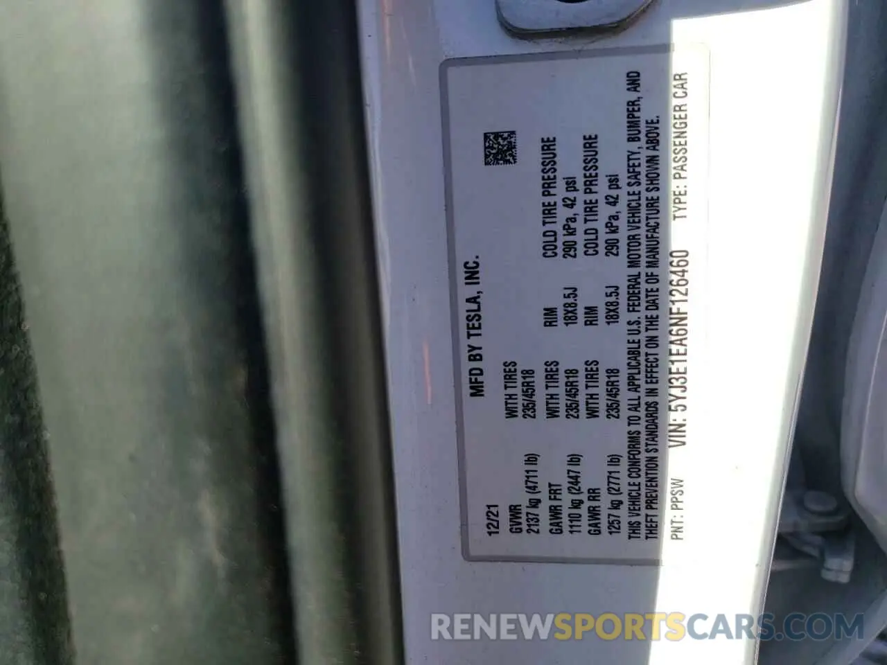 12 fotografías del automóvil dañado 5YJ3E1EA6NF126460 TESLA MODEL 3 2022