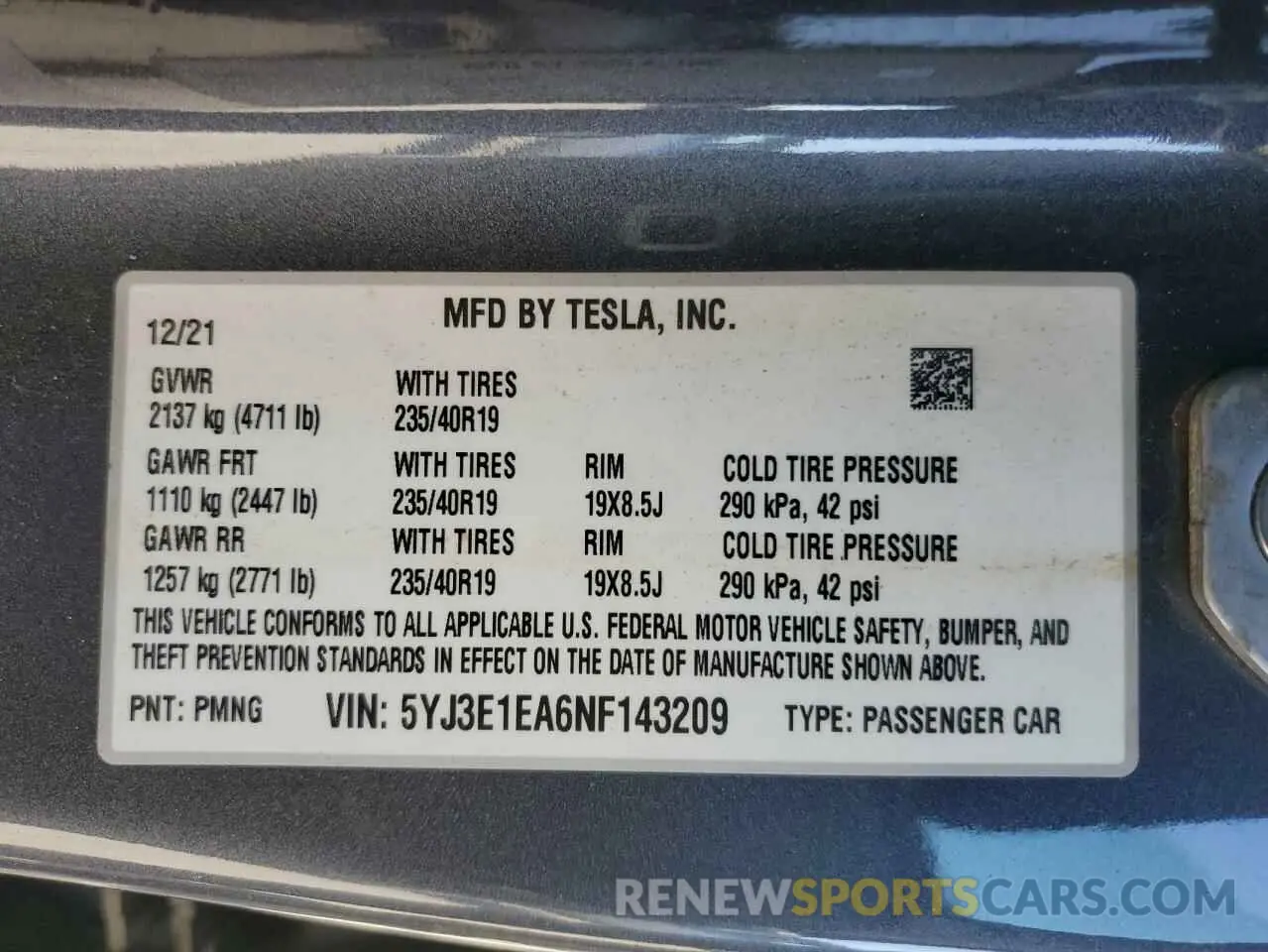 12 fotografías del automóvil dañado 5YJ3E1EA6NF143209 TESLA MODEL 3 2022