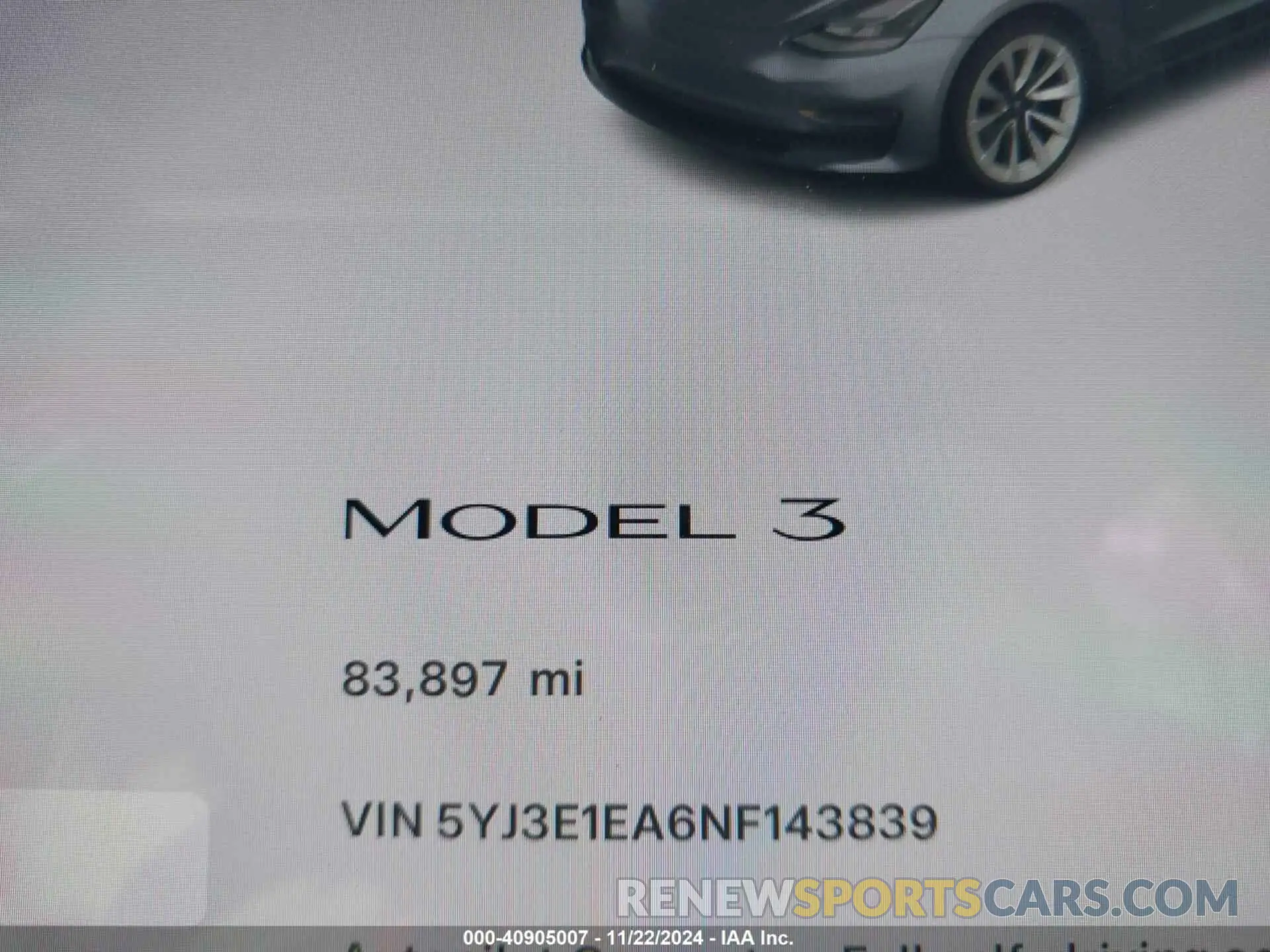 15 fotografías del automóvil dañado 5YJ3E1EA6NF143839 TESLA MODEL 3 2022