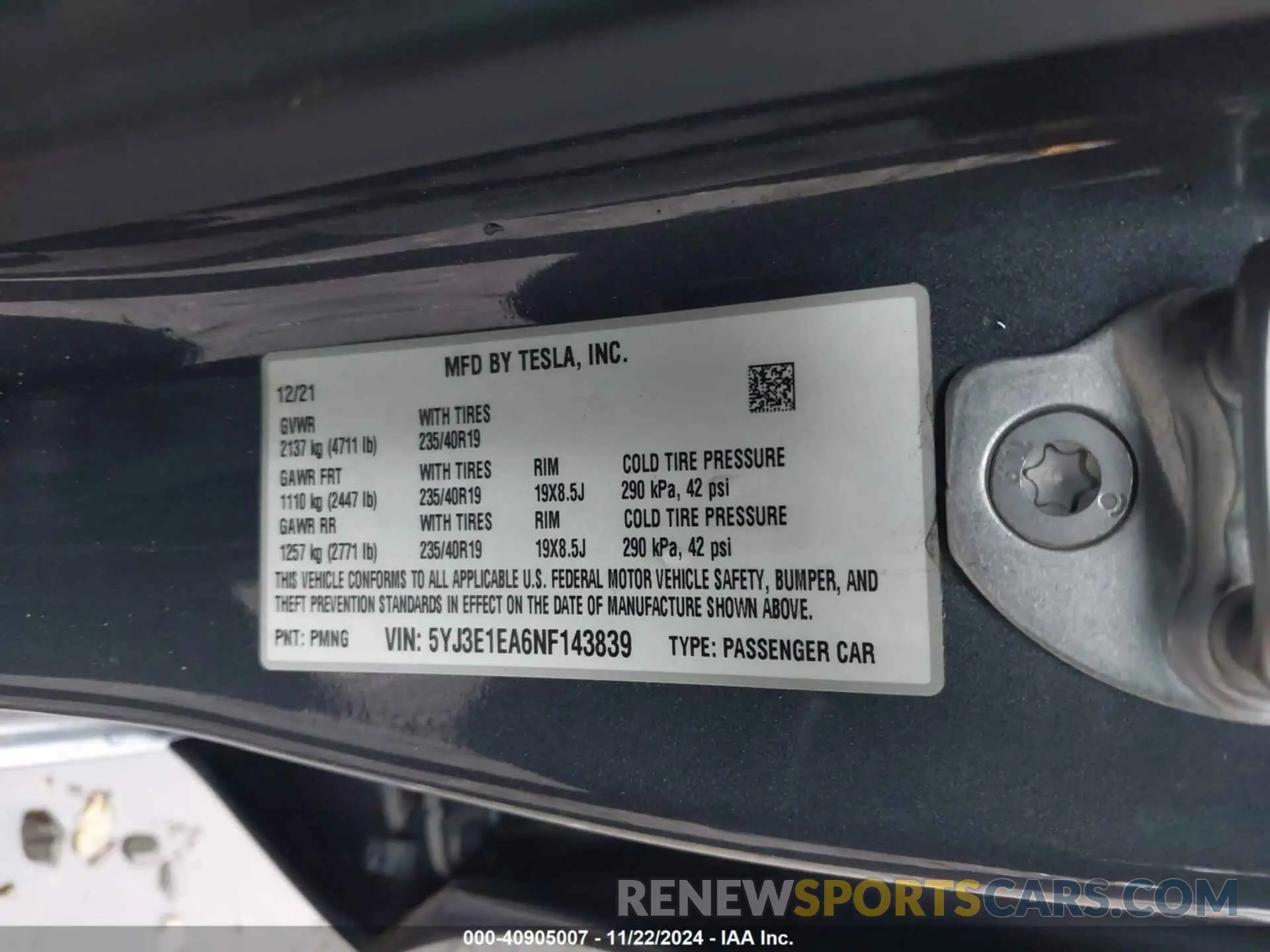 9 fotografías del automóvil dañado 5YJ3E1EA6NF143839 TESLA MODEL 3 2022