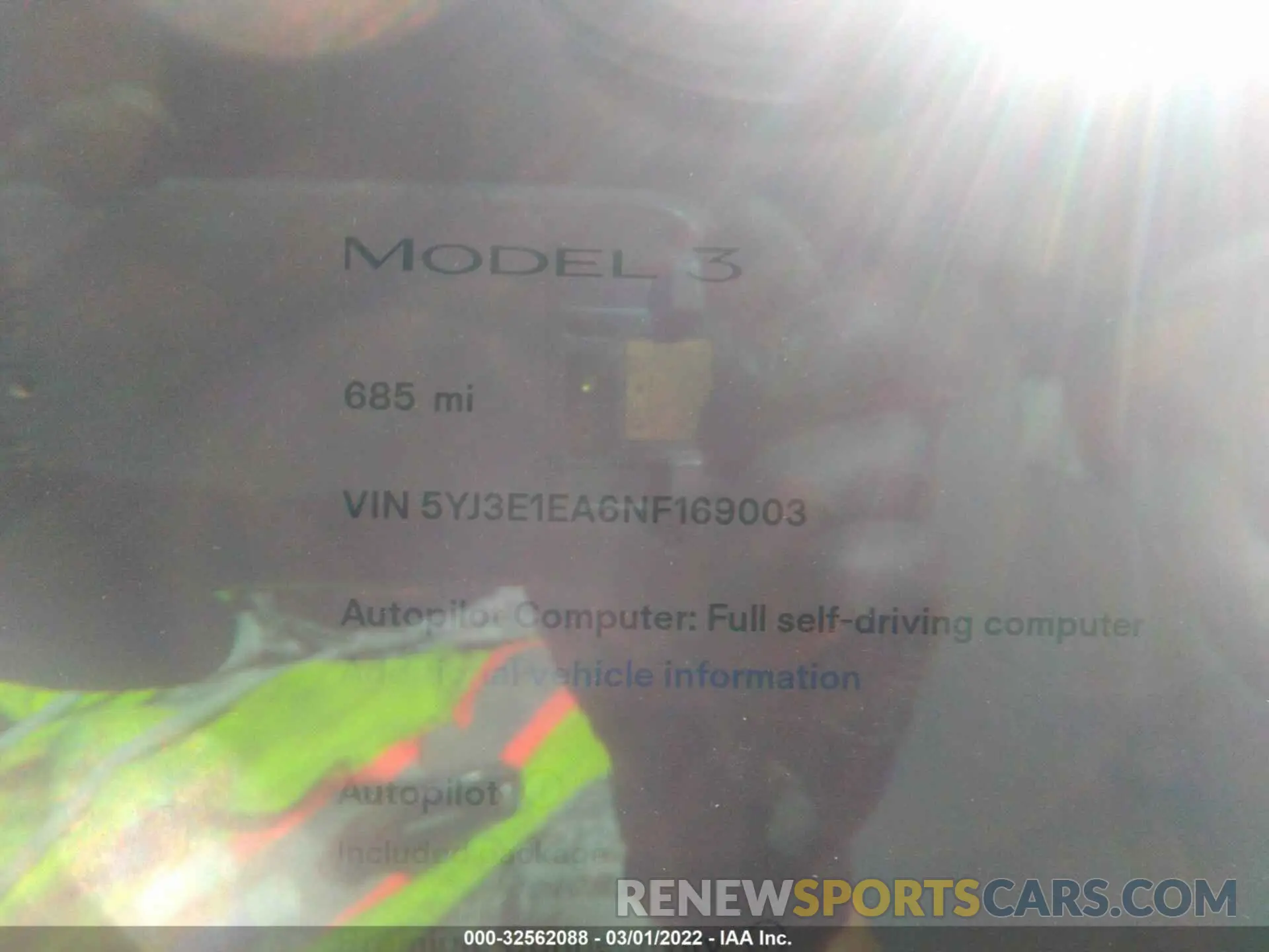 7 fotografías del automóvil dañado 5YJ3E1EA6NF169003 TESLA MODEL 3 2022