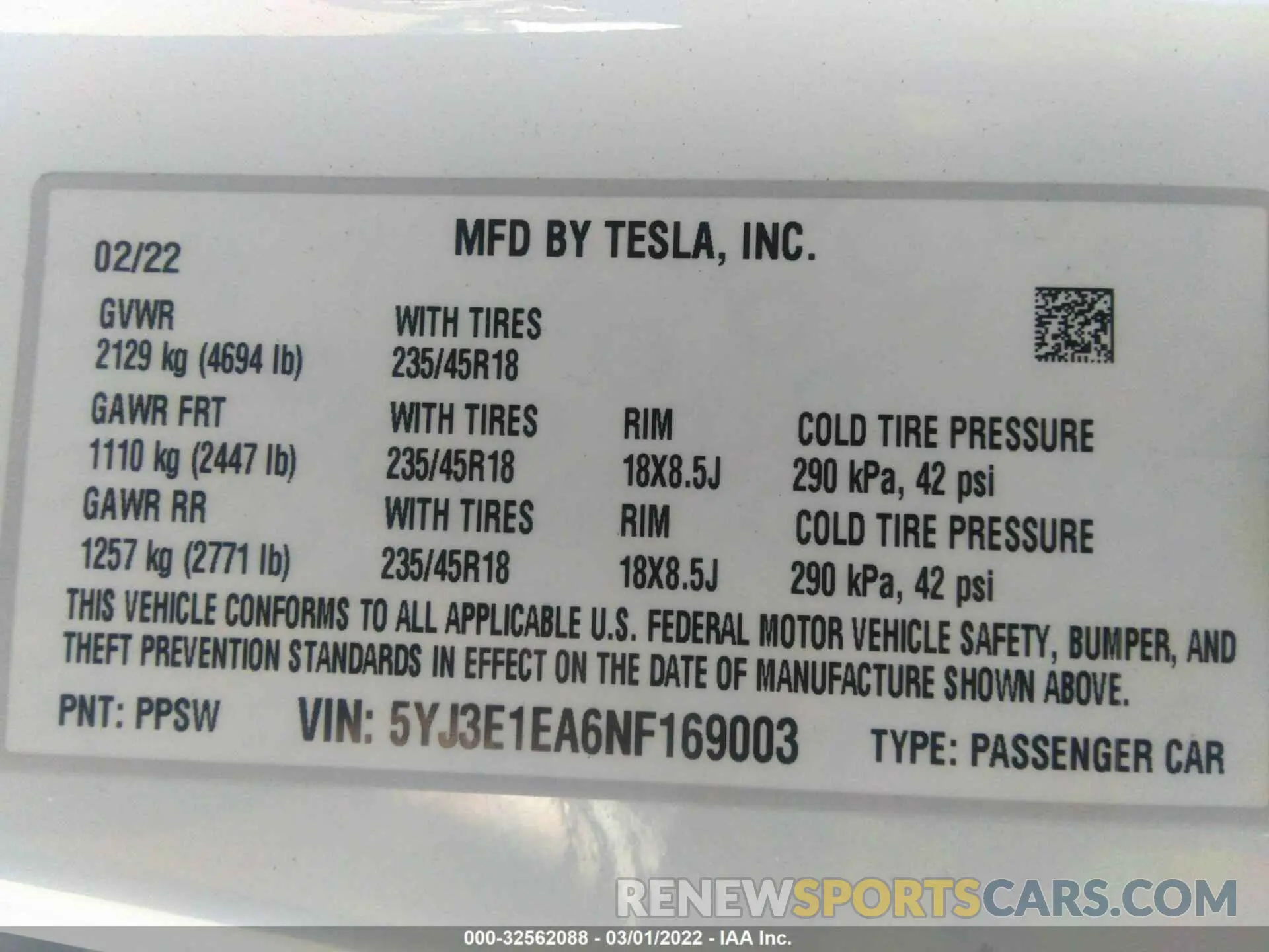 9 fotografías del automóvil dañado 5YJ3E1EA6NF169003 TESLA MODEL 3 2022