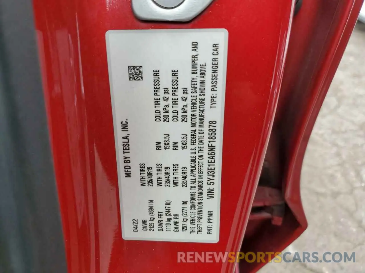 13 fotografías del automóvil dañado 5YJ3E1EA6NF185878 TESLA MODEL 3 2022