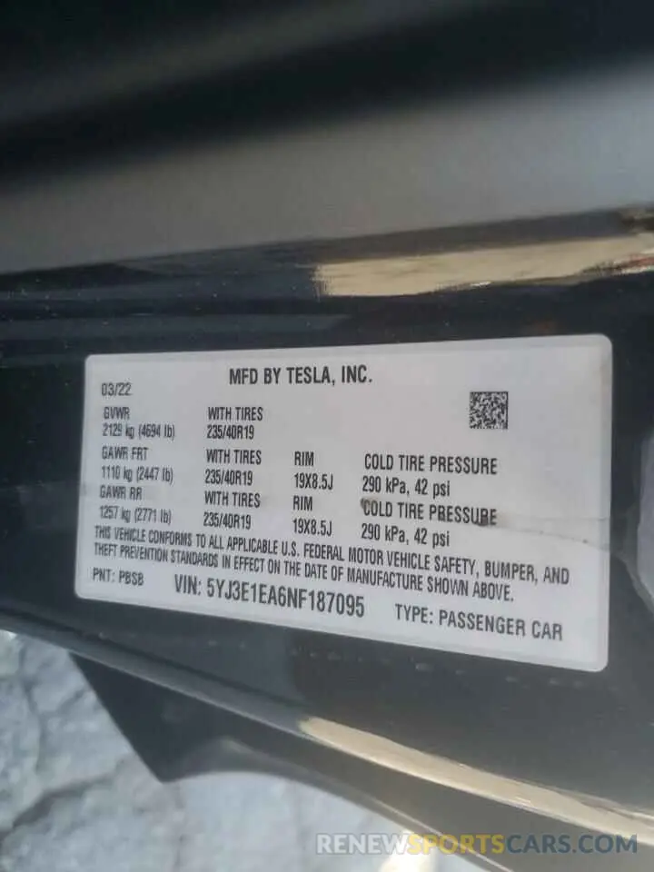 12 fotografías del automóvil dañado 5YJ3E1EA6NF187095 TESLA MODEL 3 2022