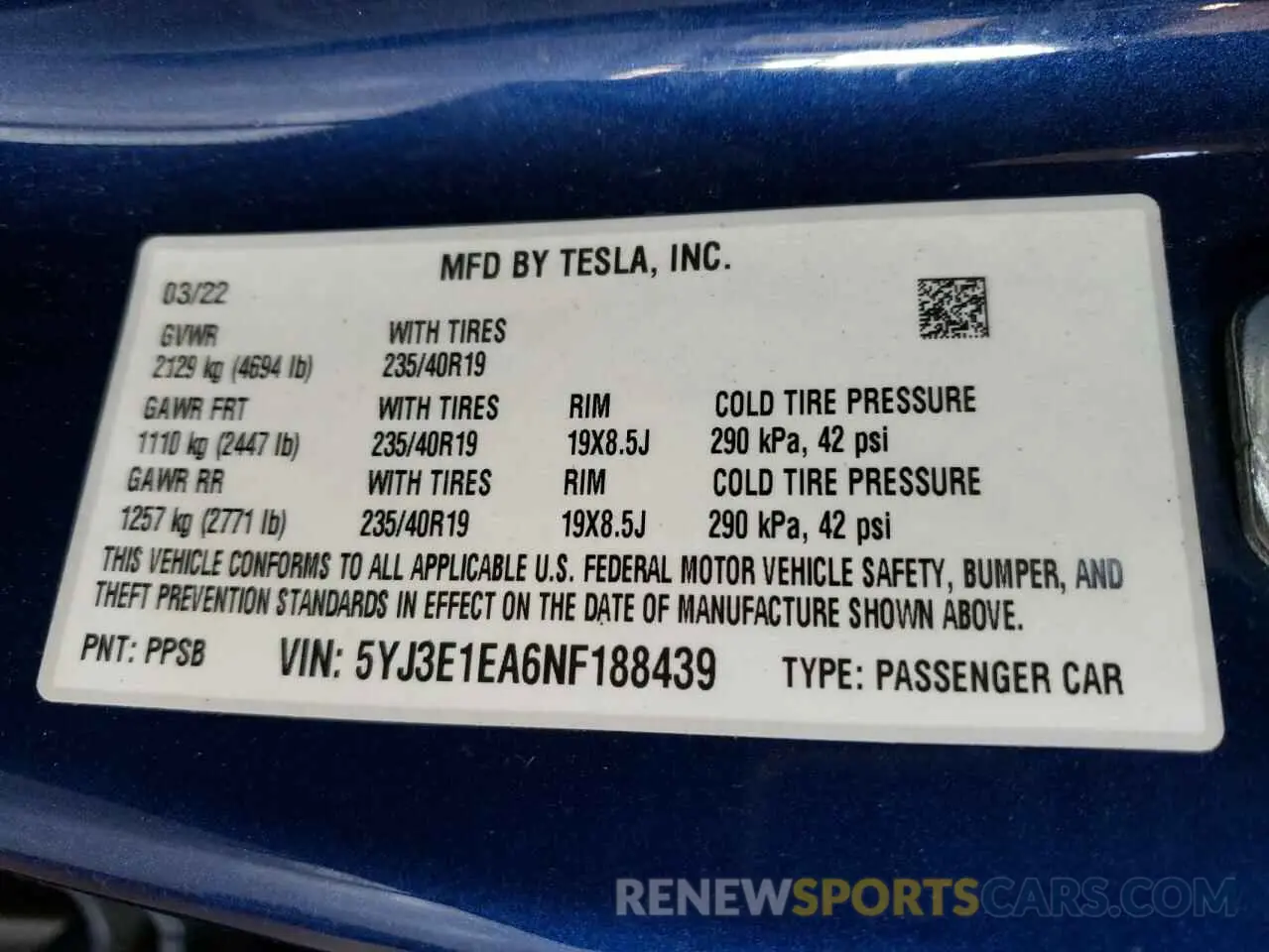 12 fotografías del automóvil dañado 5YJ3E1EA6NF188439 TESLA MODEL 3 2022