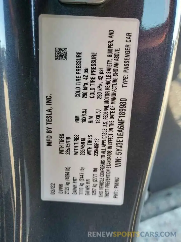 10 fotografías del automóvil dañado 5YJ3E1EA6NF189980 TESLA MODEL 3 2022