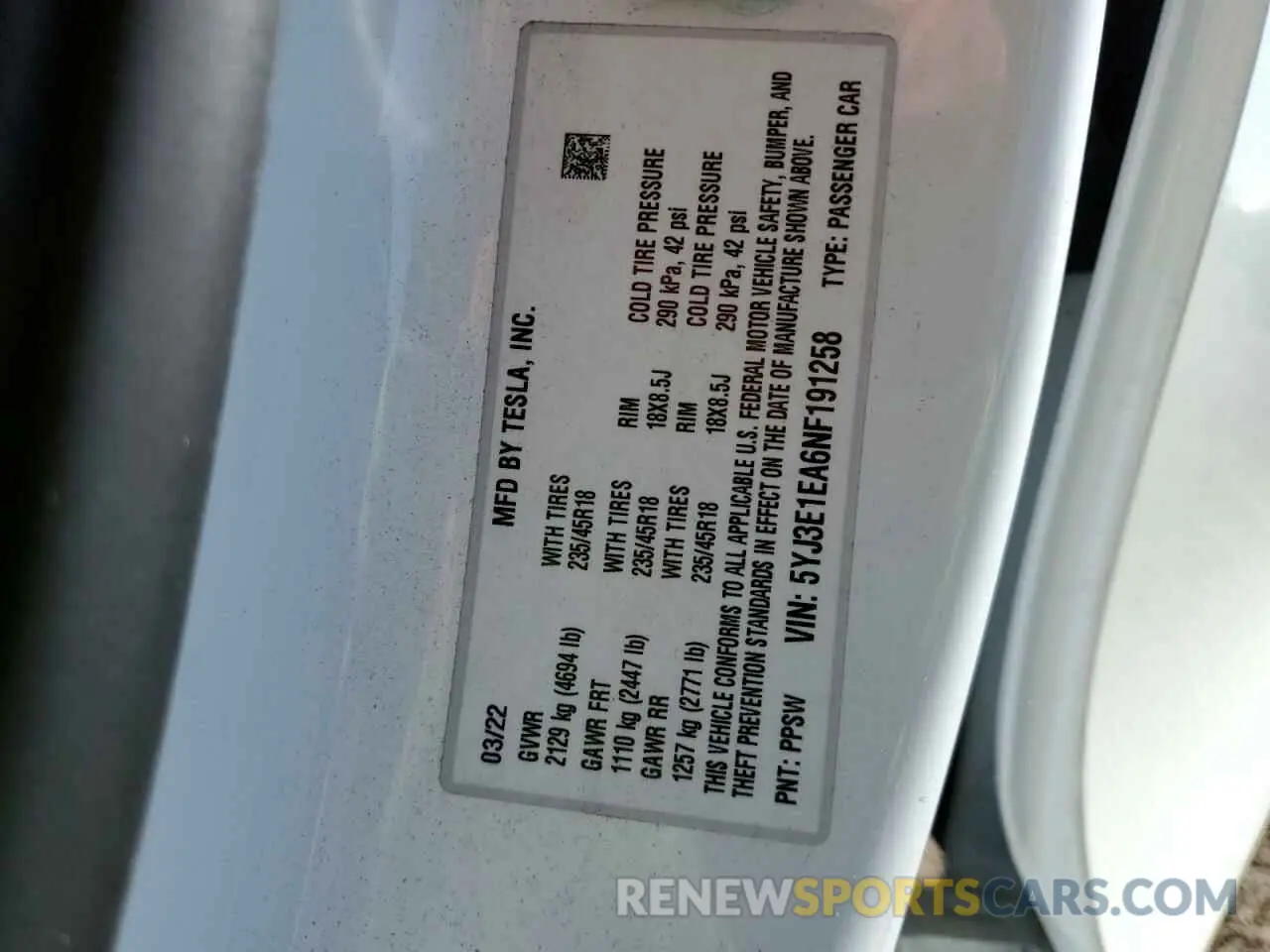 13 fotografías del automóvil dañado 5YJ3E1EA6NF191258 TESLA MODEL 3 2022