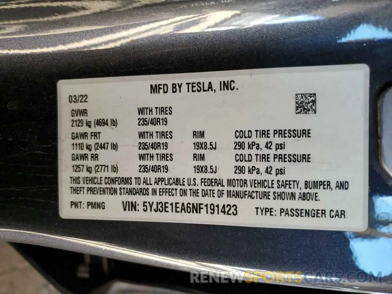 12 fotografías del automóvil dañado 5YJ3E1EA6NF191423 TESLA MODEL 3 2022