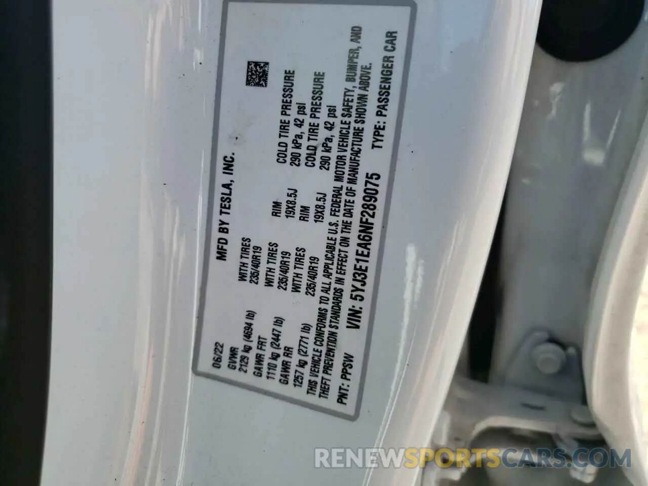 10 fotografías del automóvil dañado 5YJ3E1EA6NF289075 TESLA MODEL 3 2022