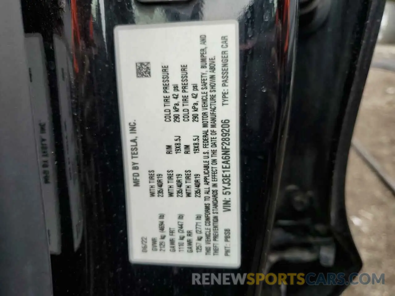 12 fotografías del automóvil dañado 5YJ3E1EA6NF289206 TESLA MODEL 3 2022