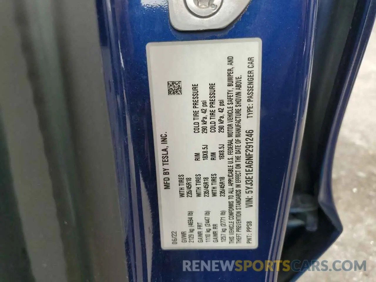 12 fotografías del automóvil dañado 5YJ3E1EA6NF291246 TESLA MODEL 3 2022