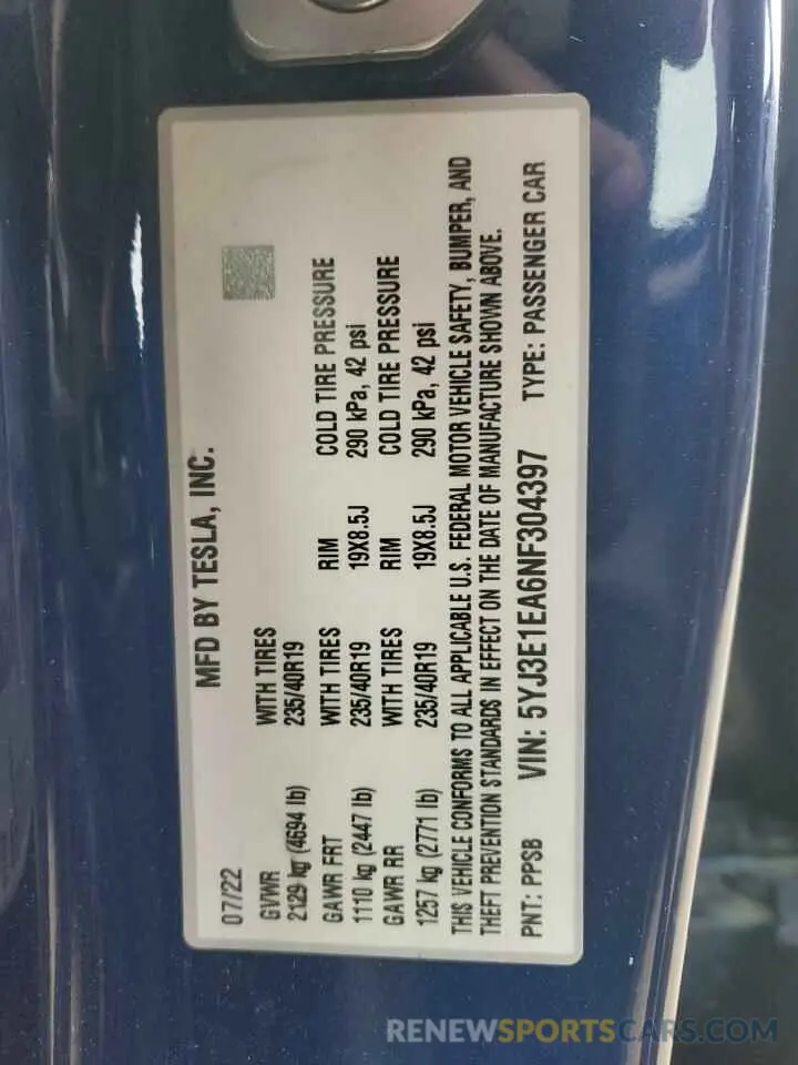 13 fotografías del automóvil dañado 5YJ3E1EA6NF304397 TESLA MODEL 3 2022
