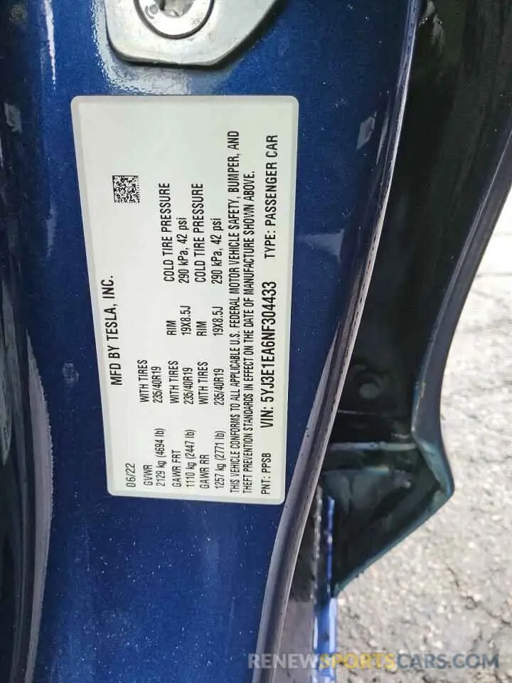 12 fotografías del automóvil dañado 5YJ3E1EA6NF304433 TESLA MODEL 3 2022