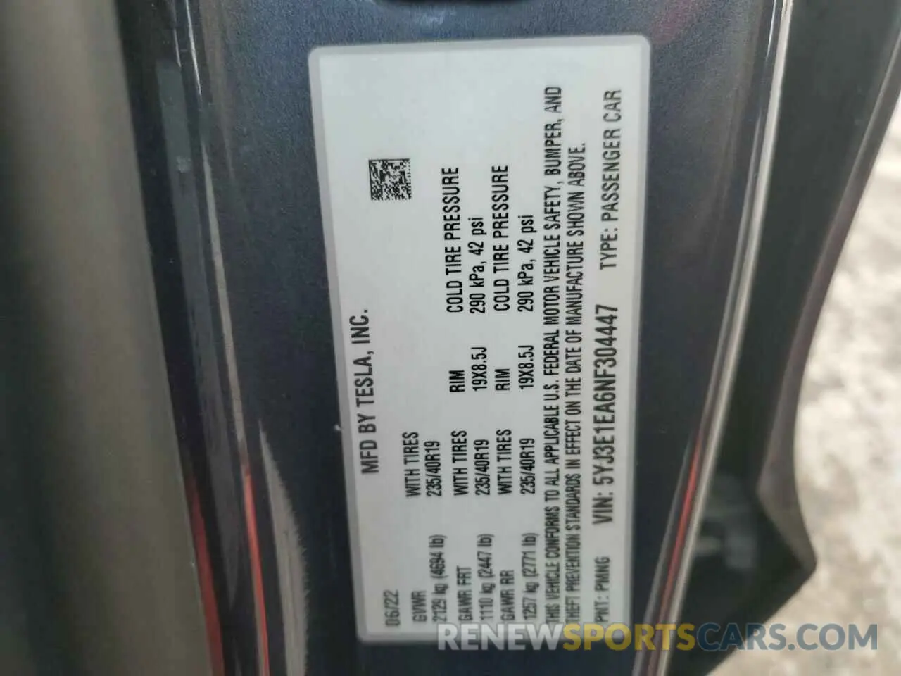 13 fotografías del automóvil dañado 5YJ3E1EA6NF304447 TESLA MODEL 3 2022