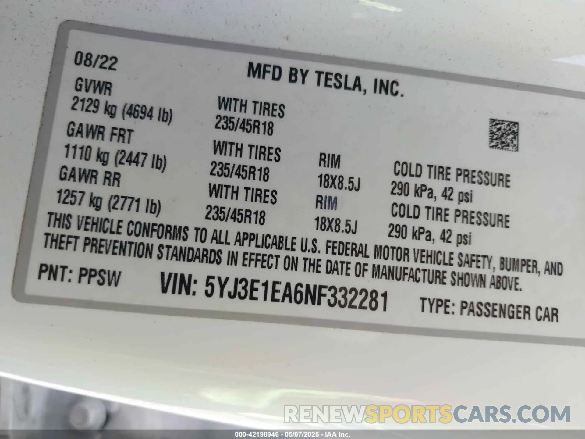 9 fotografías del automóvil dañado 5YJ3E1EA6NF332281 TESLA MODEL 3 2022