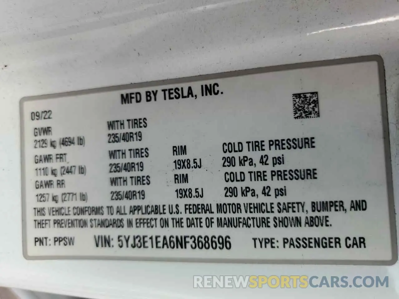 13 fotografías del automóvil dañado 5YJ3E1EA6NF368696 TESLA MODEL 3 2022