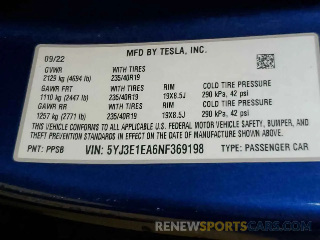 12 fotografías del automóvil dañado 5YJ3E1EA6NF369198 TESLA MODEL 3 2022