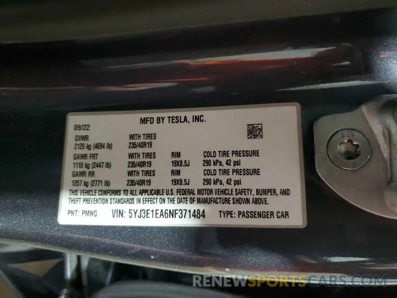 13 fotografías del automóvil dañado 5YJ3E1EA6NF371484 TESLA MODEL 3 2022