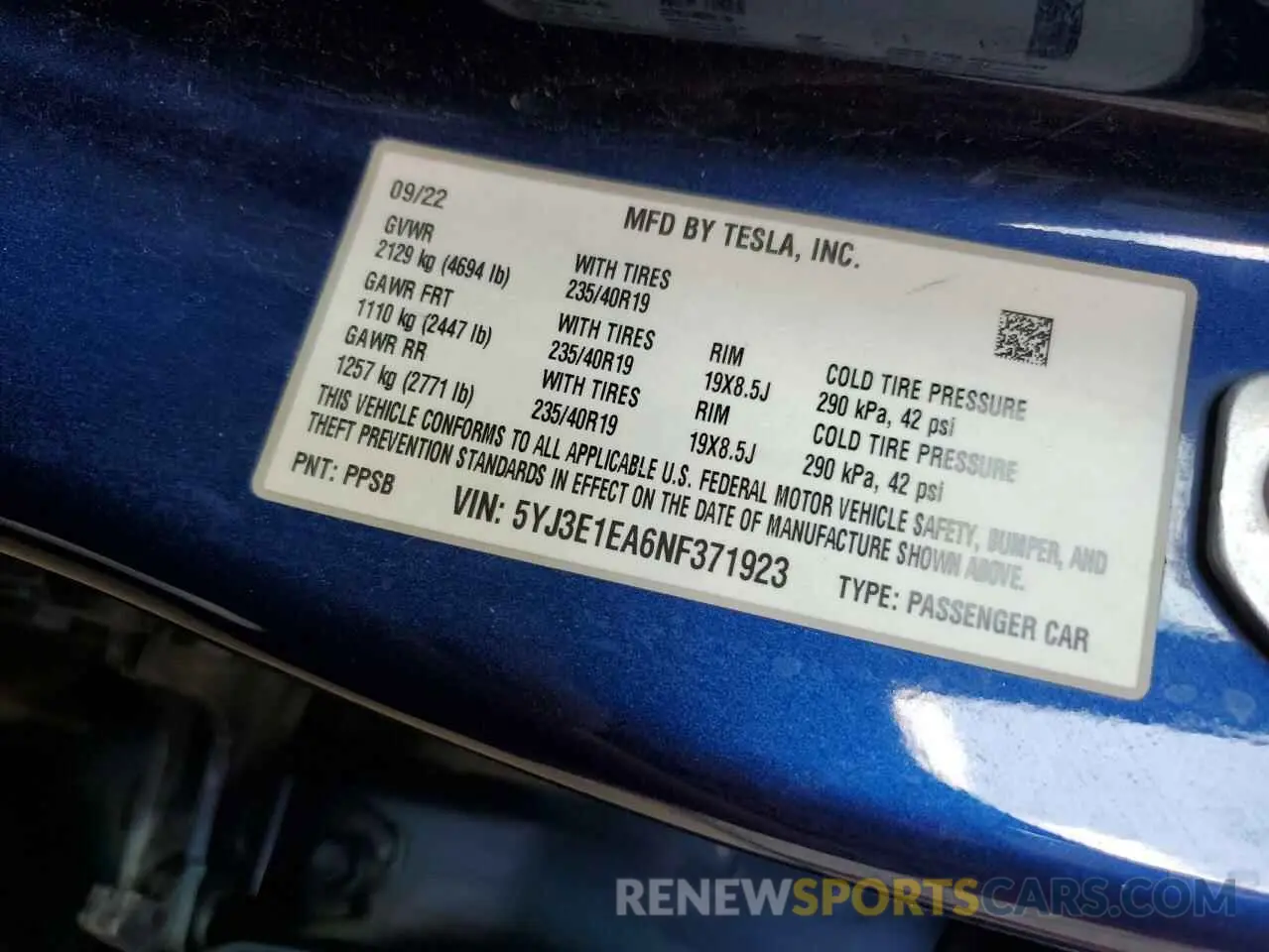 12 fotografías del automóvil dañado 5YJ3E1EA6NF371923 TESLA MODEL 3 2022