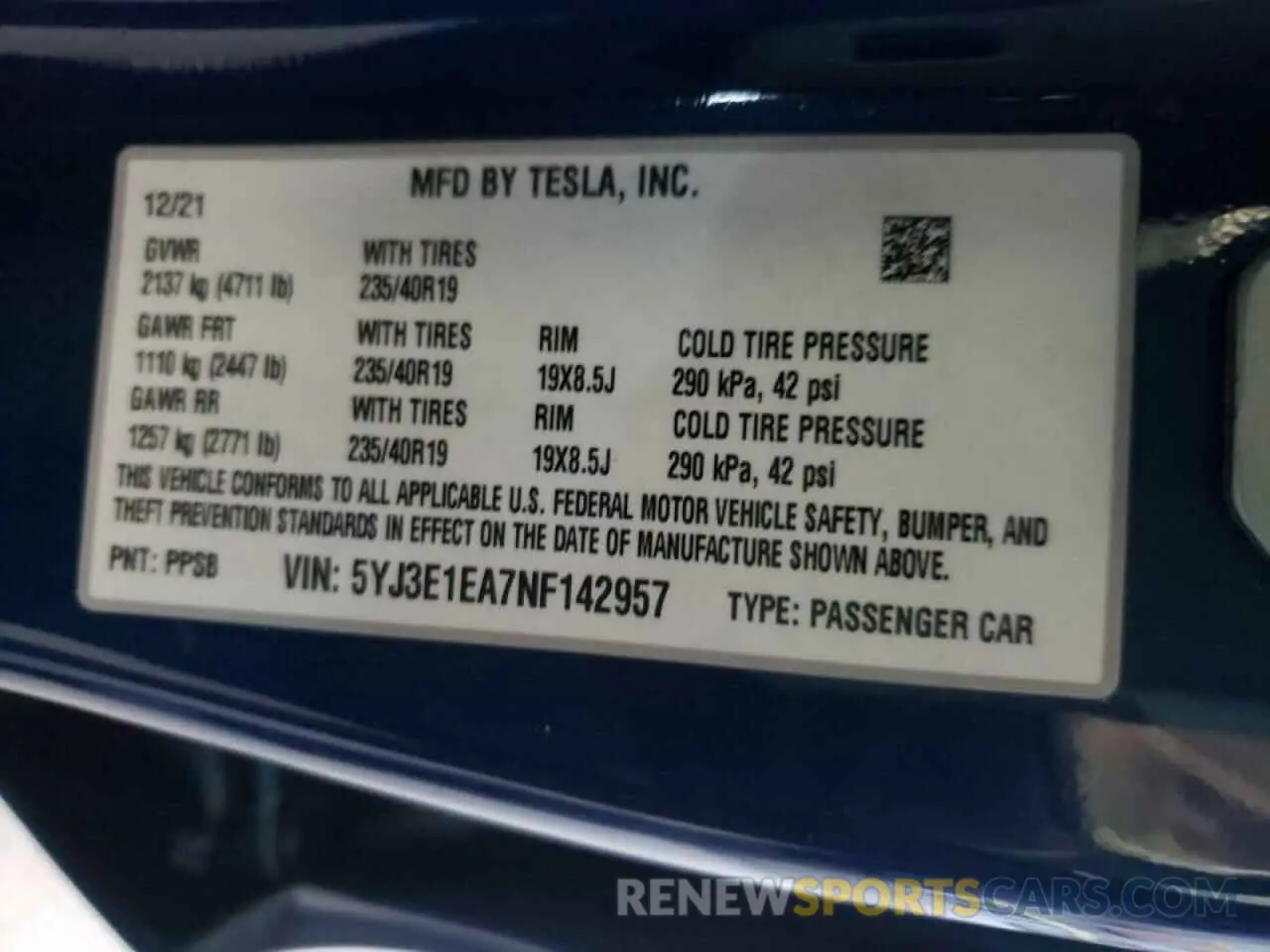10 fotografías del automóvil dañado 5YJ3E1EA7NF142957 TESLA MODEL 3 2022
