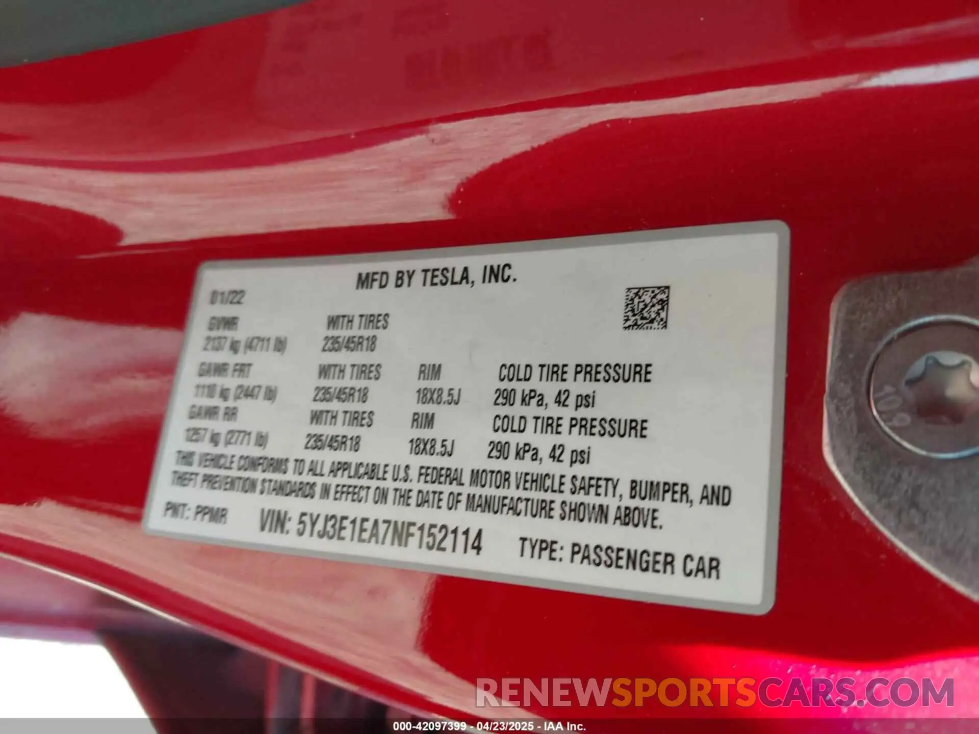 9 fotografías del automóvil dañado 5YJ3E1EA7NF152114 TESLA MODEL 3 2022