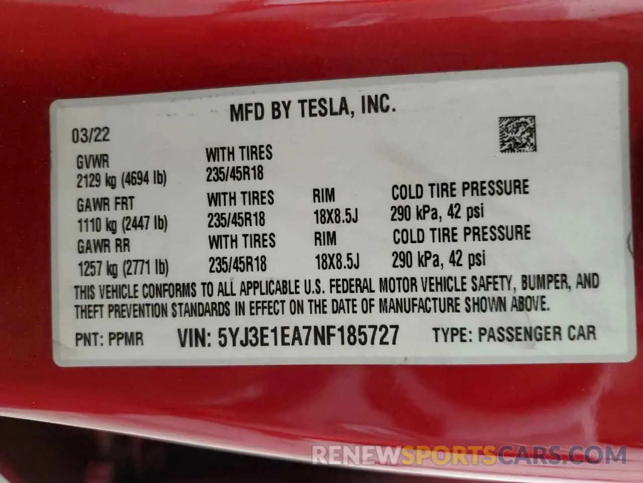 12 fotografías del automóvil dañado 5YJ3E1EA7NF185727 TESLA MODEL 3 2022