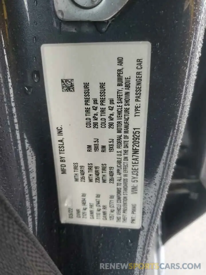 12 fotografías del automóvil dañado 5YJ3E1EA7NF209251 TESLA MODEL 3 2022