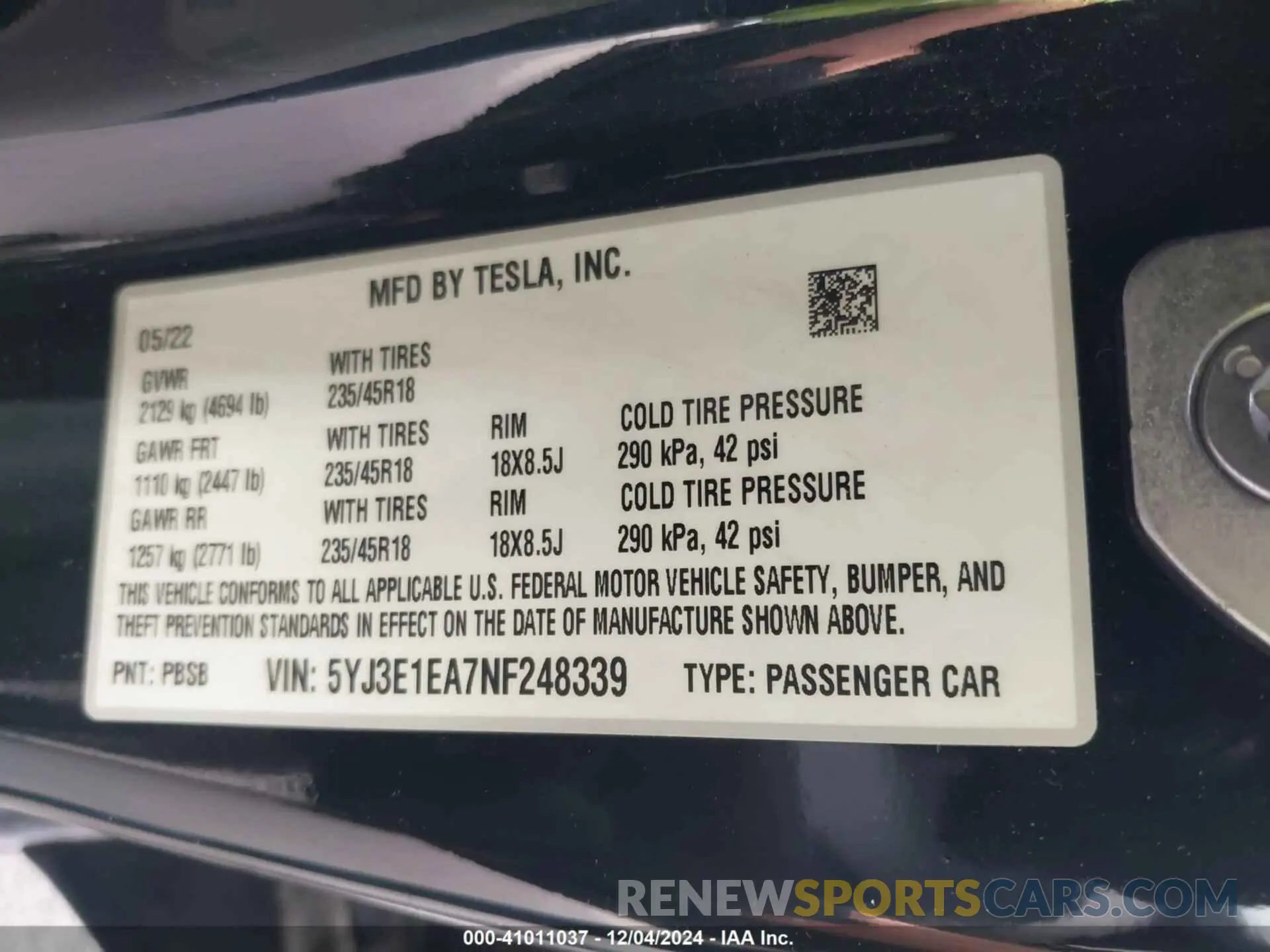 9 fotografías del automóvil dañado 5YJ3E1EA7NF248339 TESLA MODEL 3 2022